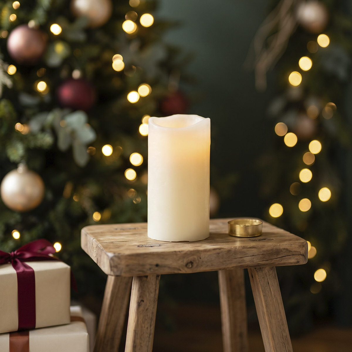Vela sobre banquito de madera con luces al fondo